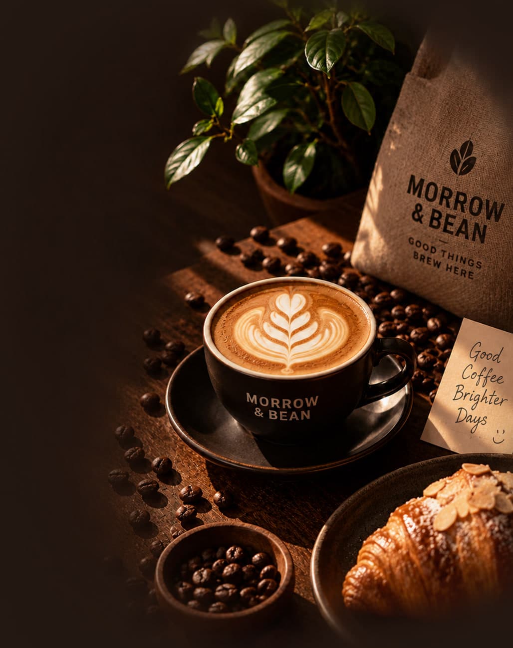 A Morrow & Bean cappuccino with fern latte art on a dark table in warm window light, beside a branded house coffee bag, an almond croissant and scattered roasted beans