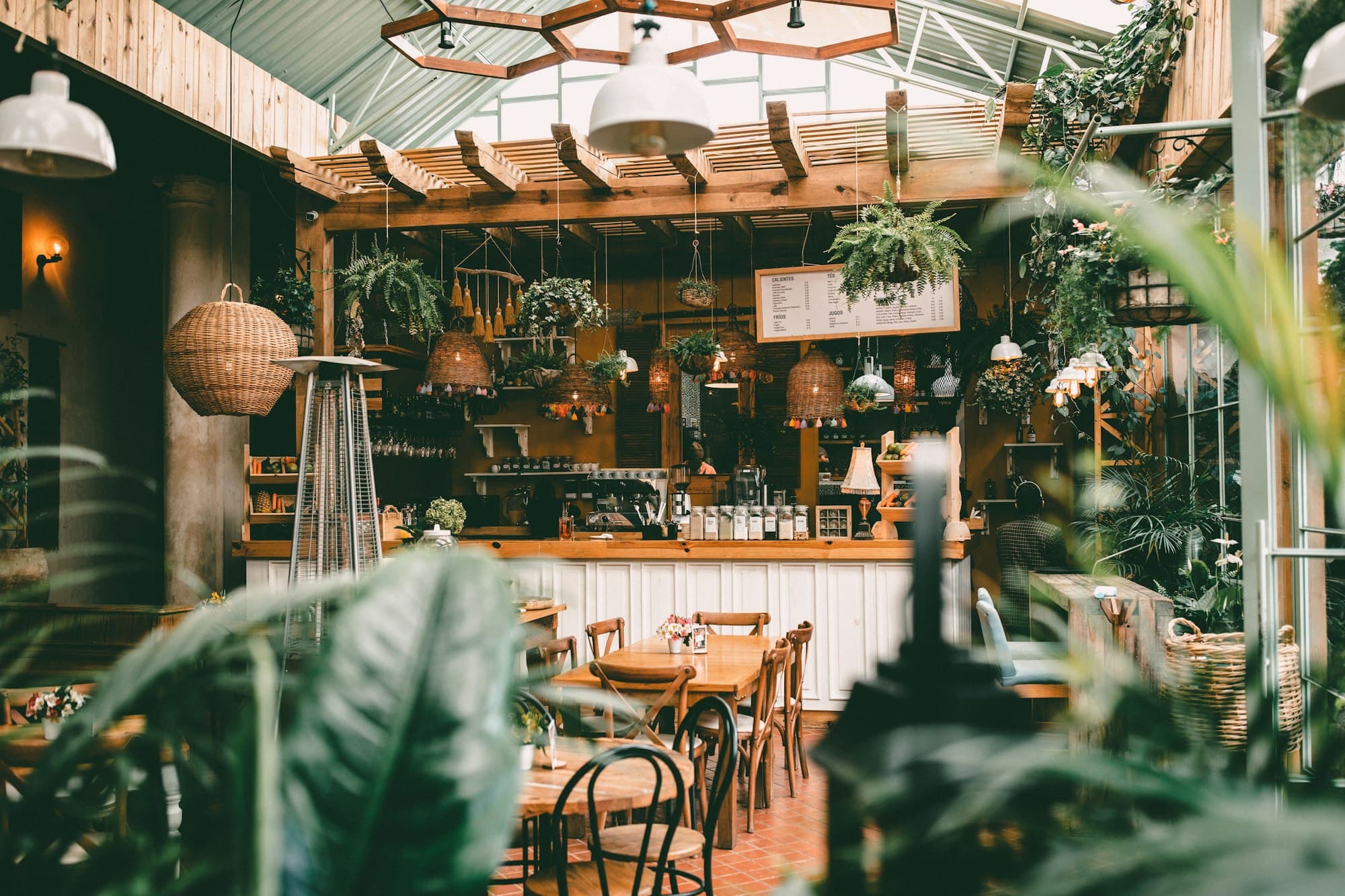The plant-filled main room at Morrow & Bean with walnut tables and warm daylight